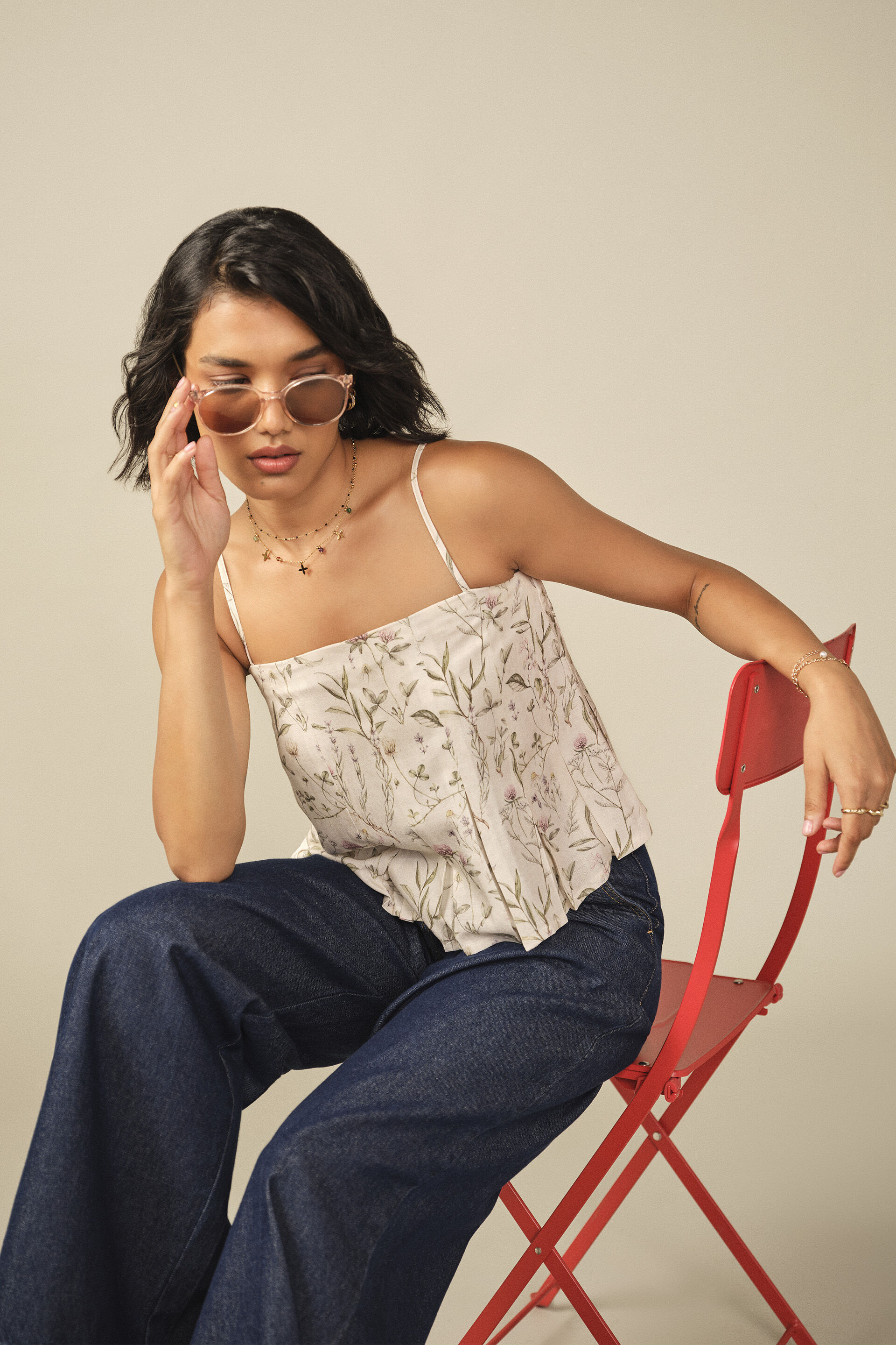 Printed Floral Crop Top in White, White, image 2